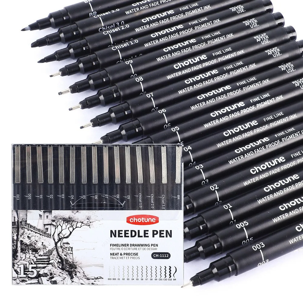 Correction Pen Fine - 블랙 마이크로 펜, 15가지 크기, 방수